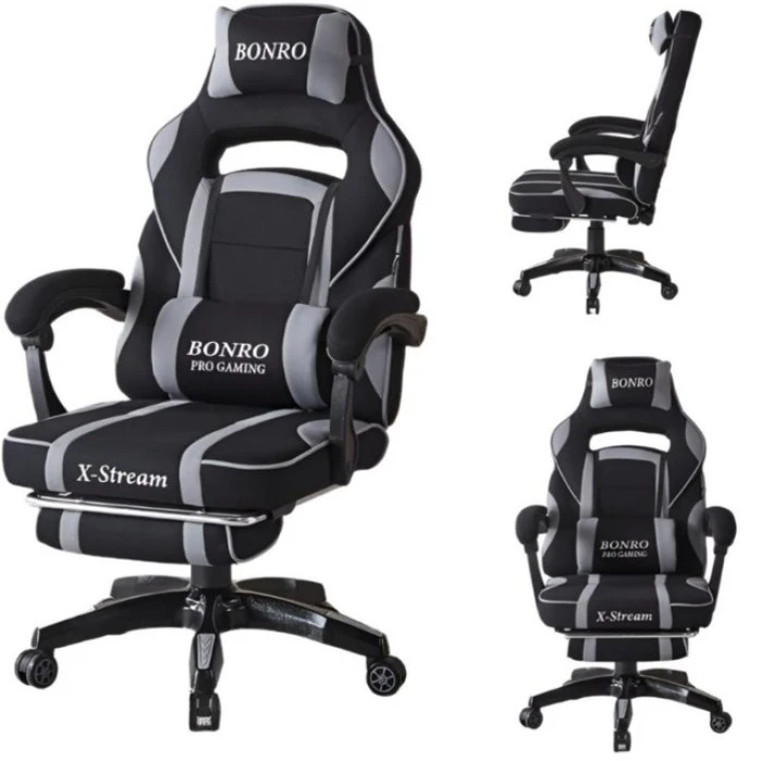 Крісло геймерське з тканини Bonro B-141 сіре з підставкою для ніг
