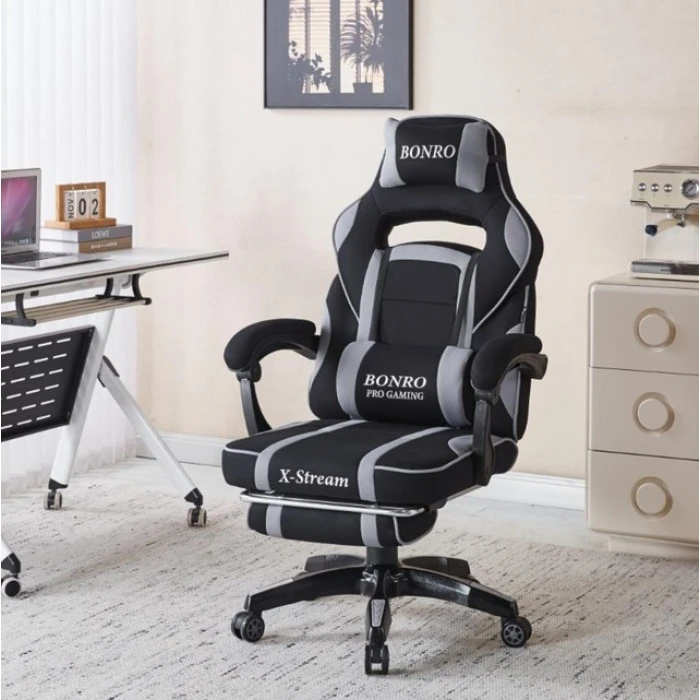 Крісло геймерське з тканини Bonro B-141 сіре з підставкою для ніг