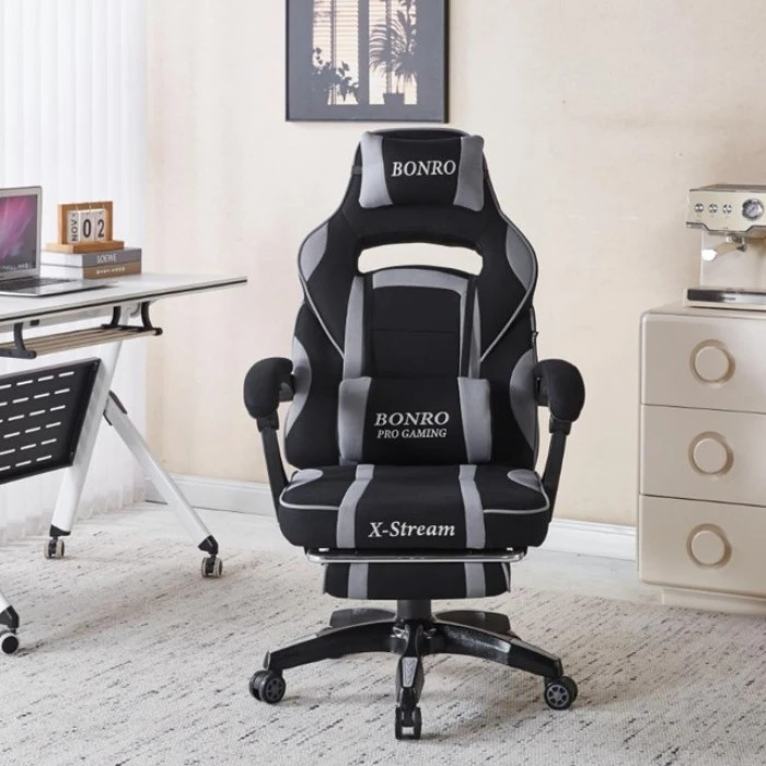 Крісло геймерське з тканини Bonro B-141 сіре з підставкою для ніг