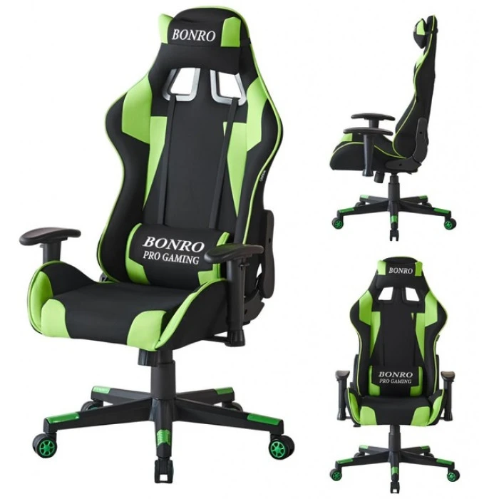 Кресло геймерское из ткани Bonro B-142 зеленое + 2 подушки.