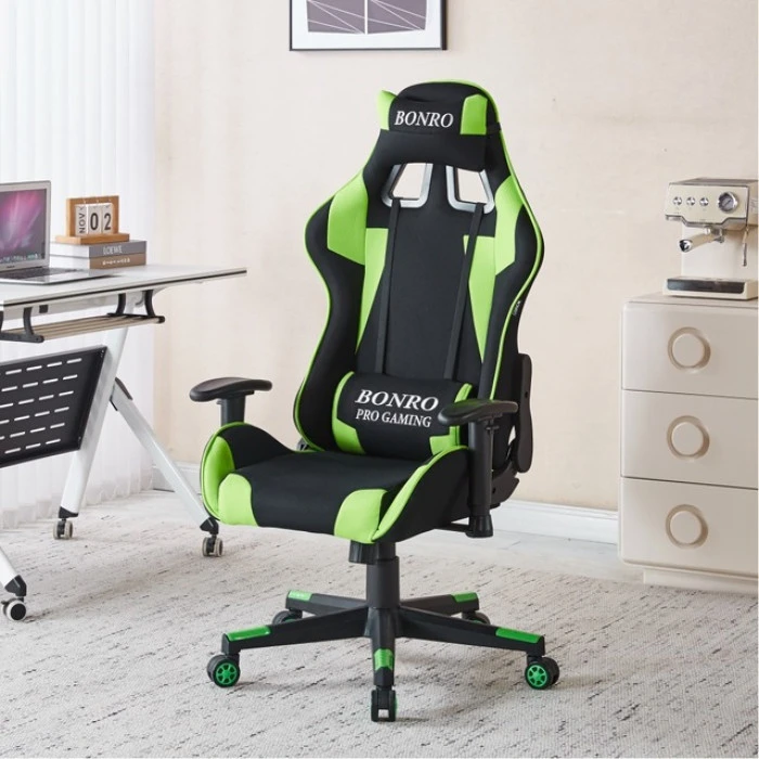 Кресло геймерское из ткани Bonro B-142 зеленое + 2 подушки.