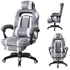 Крісло геймерське з тканини Bonro B-141 біло-сіре з підставкою для ніг