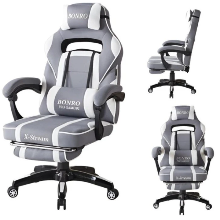 Крісло геймерське з тканини Bonro B-141 біло-сіре з підставкою для ніг