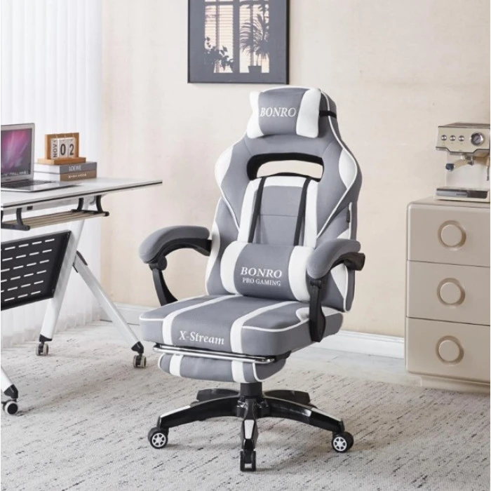 Крісло геймерське з тканини Bonro B-141 біло-сіре з підставкою для ніг