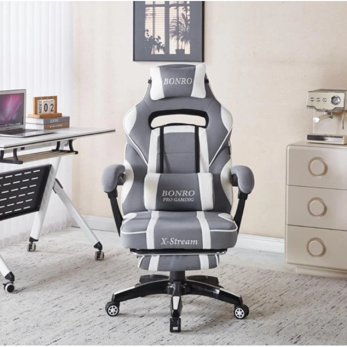 Крісло геймерське з тканини Bonro B-141 біло-сіре з підставкою для ніг