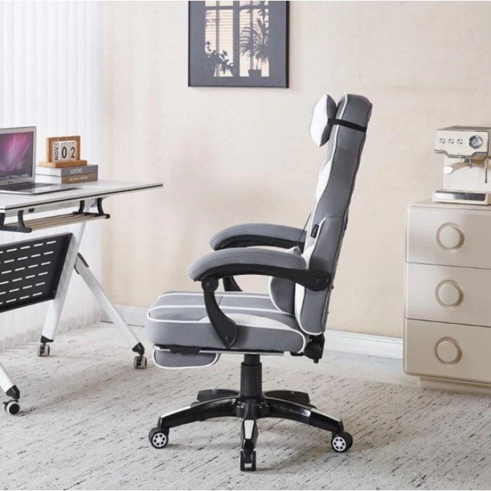 Крісло геймерське з тканини Bonro B-141 біло-сіре з підставкою для ніг