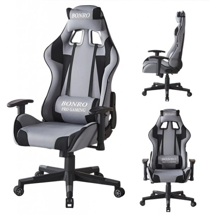 Крісло геймерське з тканини Bonro B-142 сіре + 2 подушки