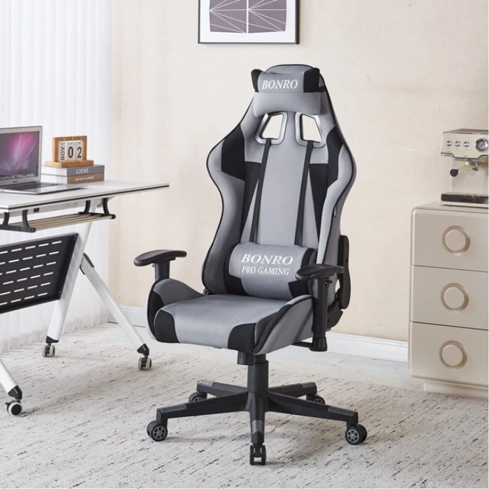 Крісло геймерське з тканини Bonro B-142 сіре + 2 подушки