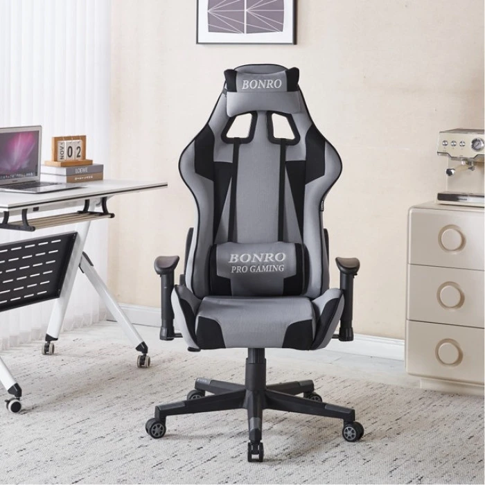 Крісло геймерське з тканини Bonro B-142 сіре + 2 подушки