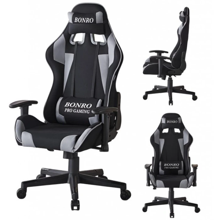 Крісло геймерське з тканини Bonro B-142 чорно-сіре + 2 подушки
