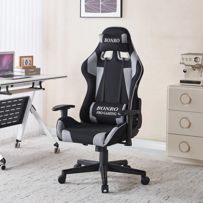 Крісло геймерське з тканини Bonro B-142 чорно-сіре + 2 подушки