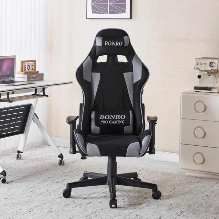 Крісло геймерське з тканини Bonro B-142 чорно-сіре + 2 подушки