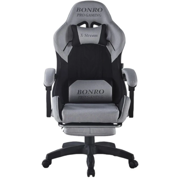 Крісло геймерське з тканини Bonro B-145 чорно-сіре з підставкою для ніг