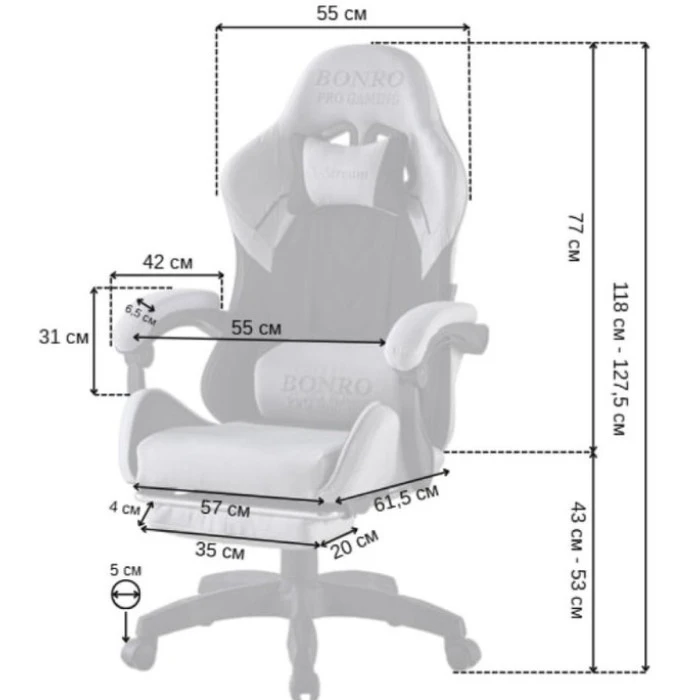 Крісло геймерське з тканини Bonro B-145 чорно-сіре з підставкою для ніг