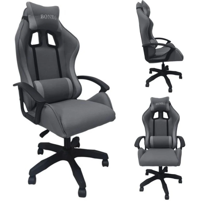 Крісло геймерське з тканини Bonro B-944 сіре + 2 подушки