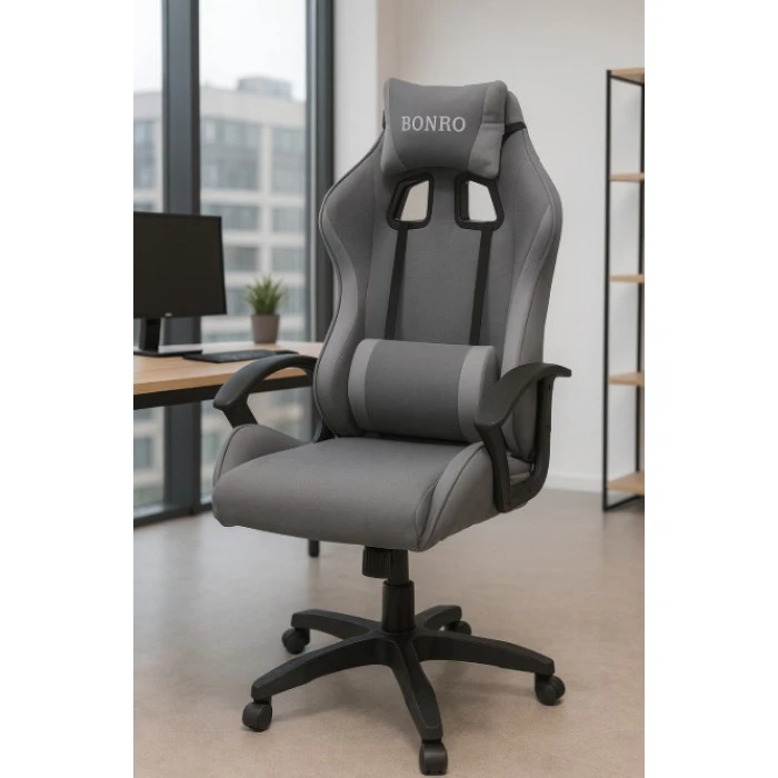 Крісло геймерське з тканини Bonro B-944 сіре + 2 подушки
