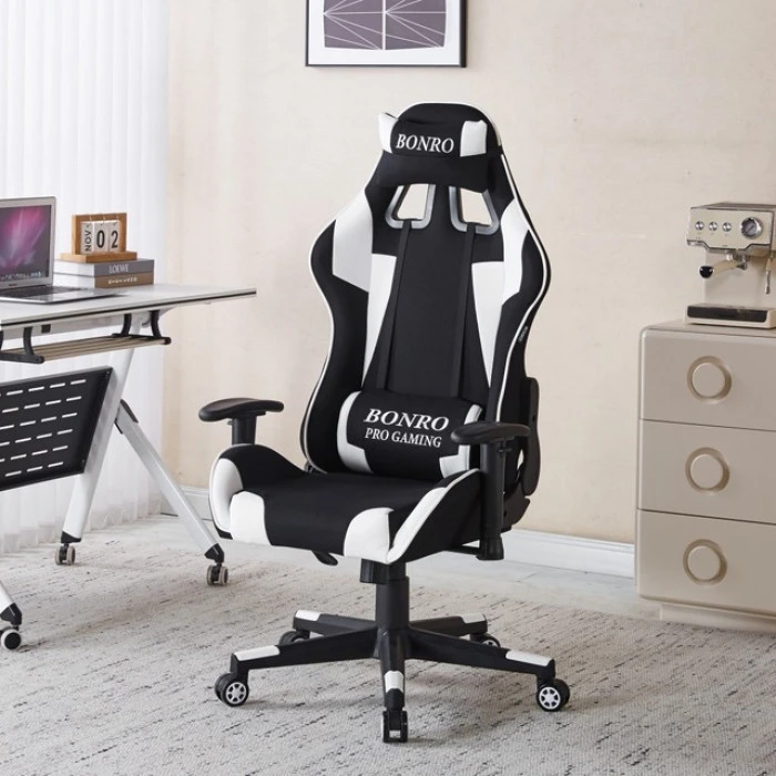 Крісло геймерське з тканини Bonro B-142 біле + 2 подушки