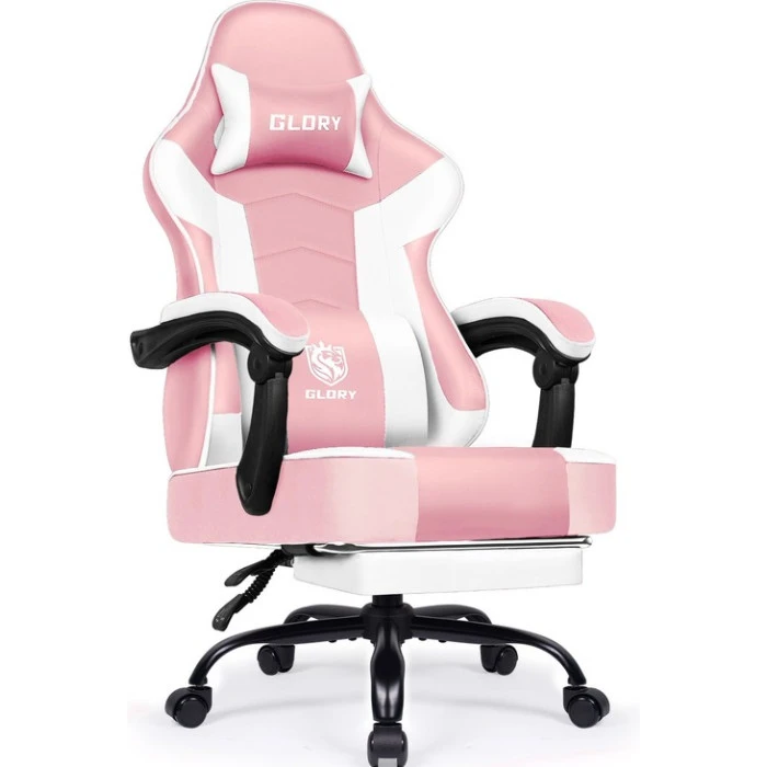 Геймерське крісло з підставкою для ніг Bonro Glory DC-203 рожево-біле