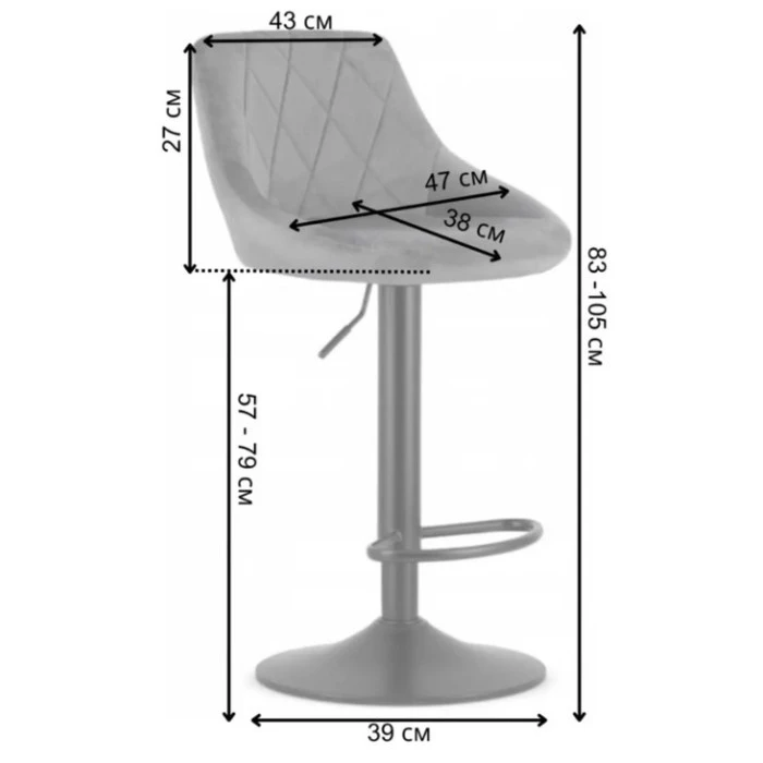 Барний стілець зі спинкою Bonro B-074 велюр сіре з чорною основою