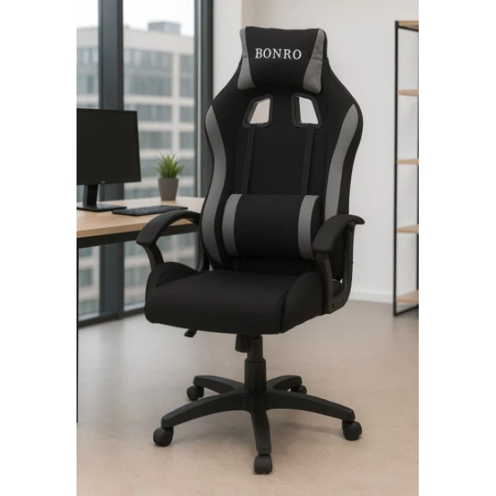Крісло геймерське з тканини Bonro B-944 чорно-сіре + 2 подушки