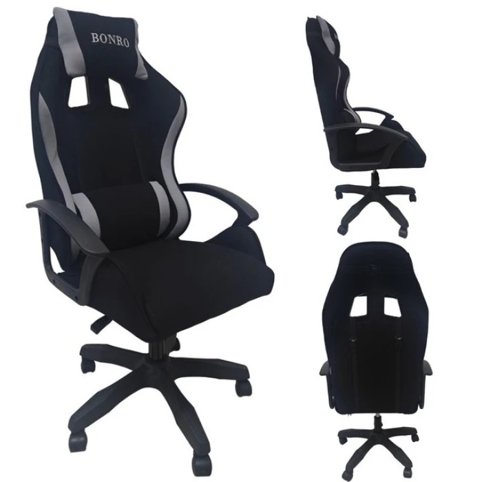 Крісло геймерське з тканини Bonro B-944 чорно-сіре + 2 подушки