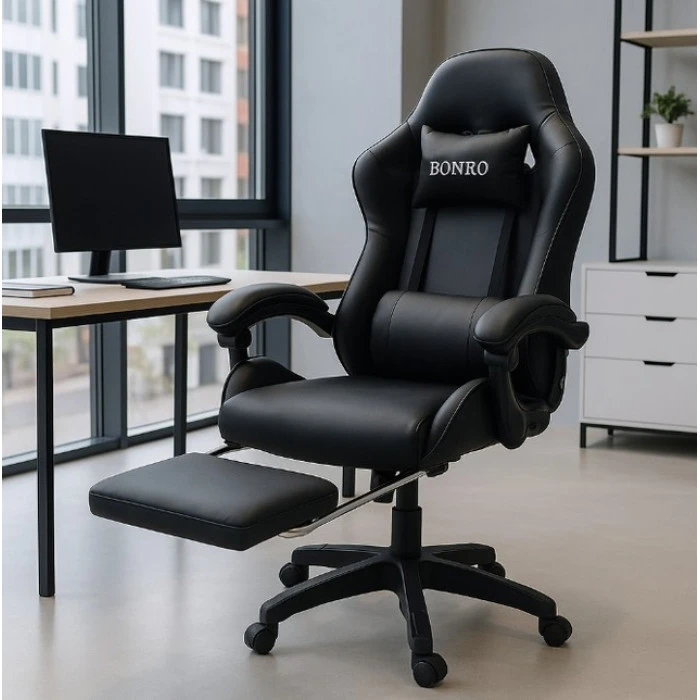 Крісло геймерське Bonro B-945 чорне з підставкою для ніг
