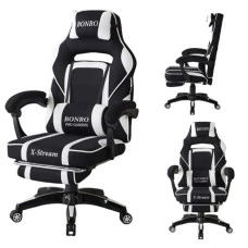 Крісло геймерське з тканини Bonro B-141 чорно-біле з підставкою для ніг
