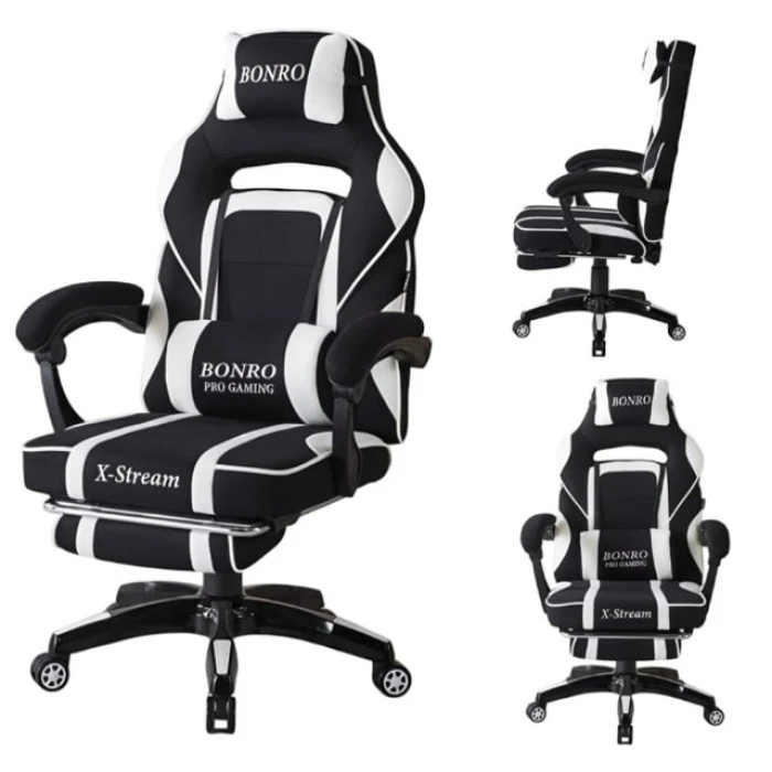 Крісло геймерське з тканини Bonro B-141 чорно-біле з підставкою для ніг