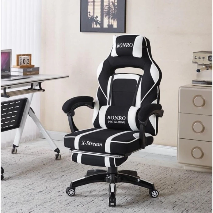 Крісло геймерське з тканини Bonro B-141 чорно-біле з підставкою для ніг