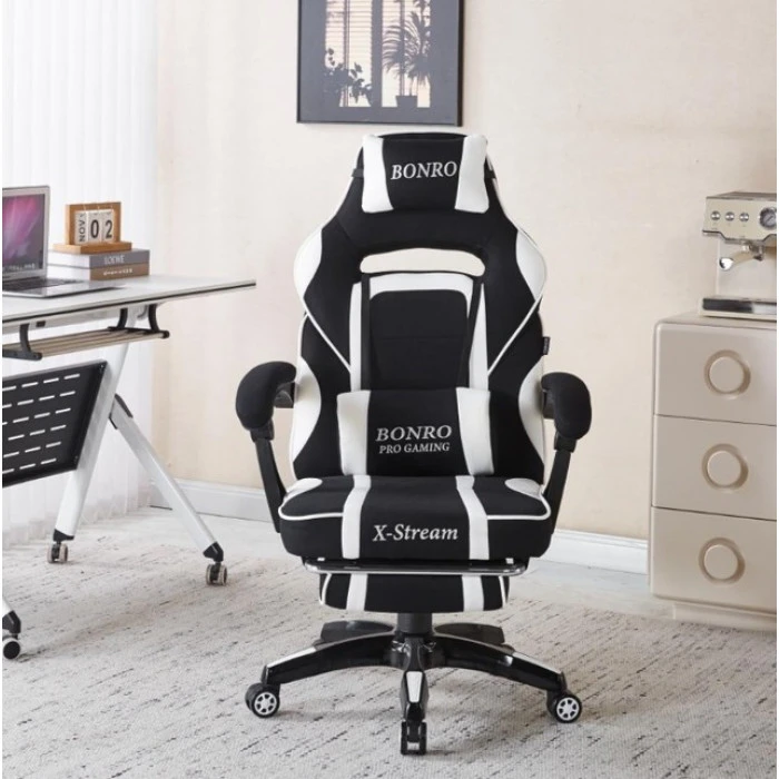 Крісло геймерське з тканини Bonro B-141 чорно-біле з підставкою для ніг