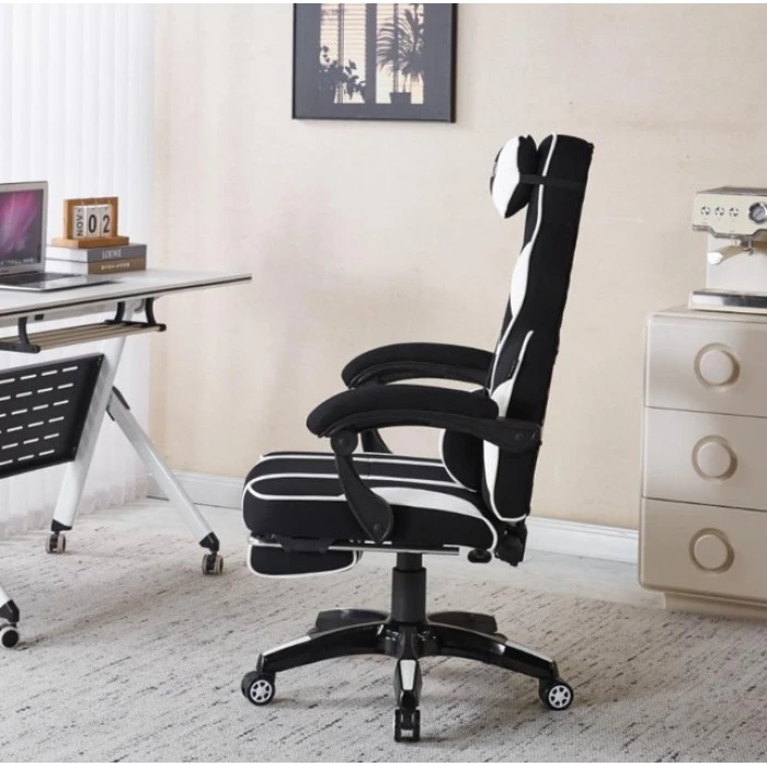 Крісло геймерське з тканини Bonro B-141 чорно-біле з підставкою для ніг