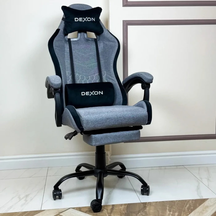 Геймерське ігрове крісло комп'ютерне DEXON ORION X з підставкою для ніг з тканини і велюровими подушками для пк розкладне Темно-Сі