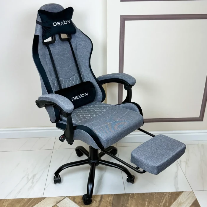 Геймерське ігрове крісло комп'ютерне DEXON ORION X з підставкою для ніг з тканини і велюровими подушками для пк розкладне Темно-Сі