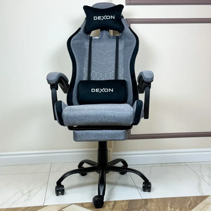Геймерське ігрове крісло комп'ютерне DEXON ORION X з підставкою для ніг з тканини і велюровими подушками для пк розкладне Темно-Сі