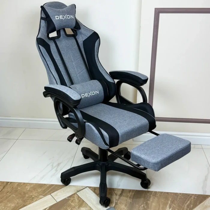Геймерське ігрове крісло комп'ютерне DEXON TITAN з підставкою для ніг з тканини спортивне для пк розкладне Чорний-Темно-сірий