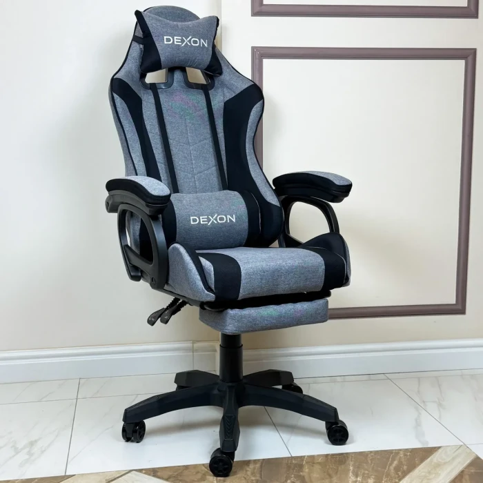 Геймерське ігрове крісло комп'ютерне DEXON TITAN з підставкою для ніг з тканини спортивне для пк розкладне Чорний-Темно-сірий