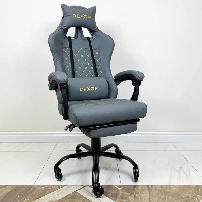 СИЛІКОНОВІ КОЛЕСА Геймерське ігрове крісло комп'ютерне DEXON ECLIPSE з підставкою для ніг з екошкіри антикіготь спортивне Сірий