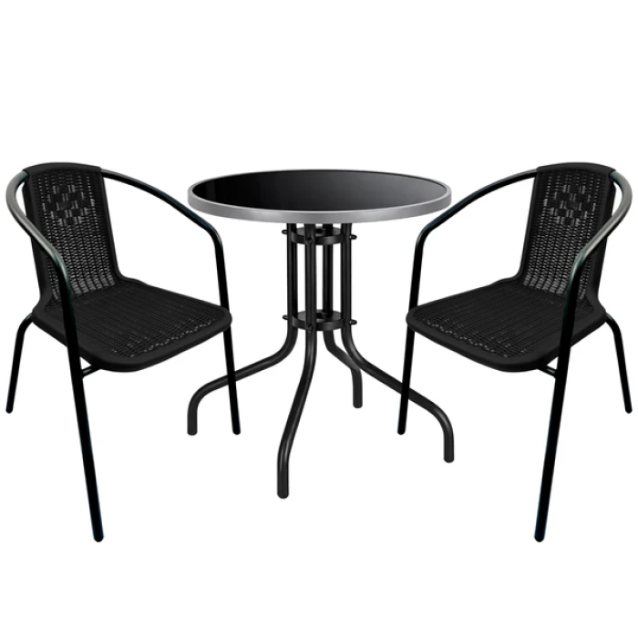 Комплект садових меблів 4Points Arno-2 круглий стіл ?60см з чорною скляною стільницею/сірий обідок, Чорний