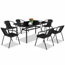 Комплект садовой мебели 4Points Salento-6 с прямоугольным столом 150х90х70см с черной стеклянной столешницей, Черный