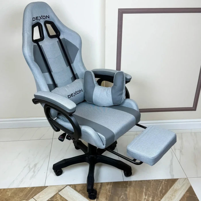 Геймерське ігрове крісло комп'ютерне DEXON VECTOR з підставкою для ніг з екошкіри та тканини спортивне для пк розкладне С-ТС