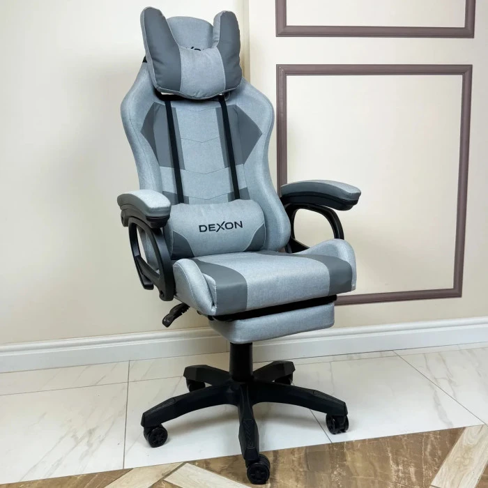 Геймерське ігрове крісло комп'ютерне DEXON VECTOR з підставкою для ніг з екошкіри та тканини спортивне для пк розкладне С-ТС