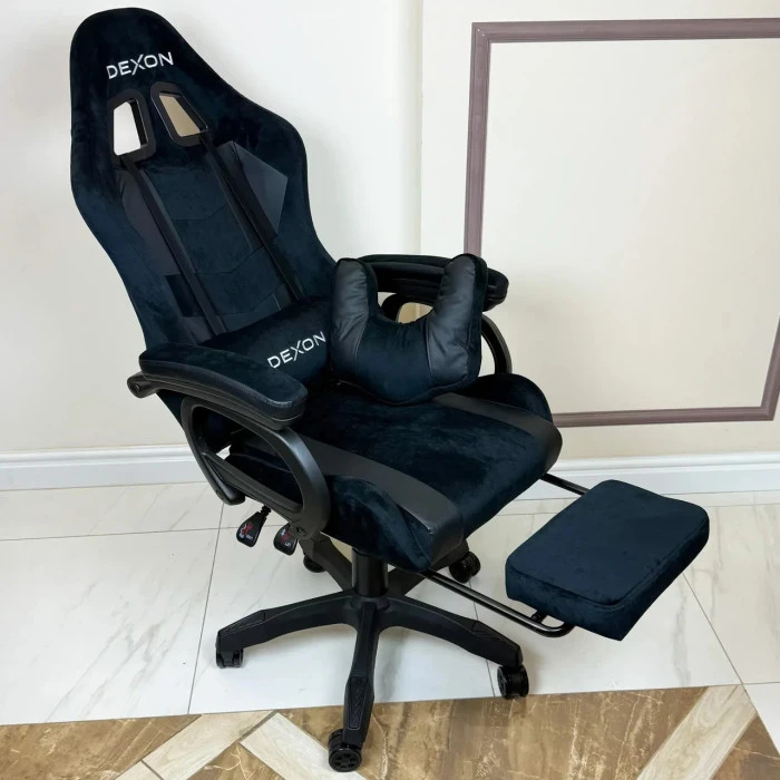 Геймерське ігрове крісло комп'ютерне DEXON VECTOR з підставкою для ніг з екошкіри та велюру спортивне для пк розкладне Чорний