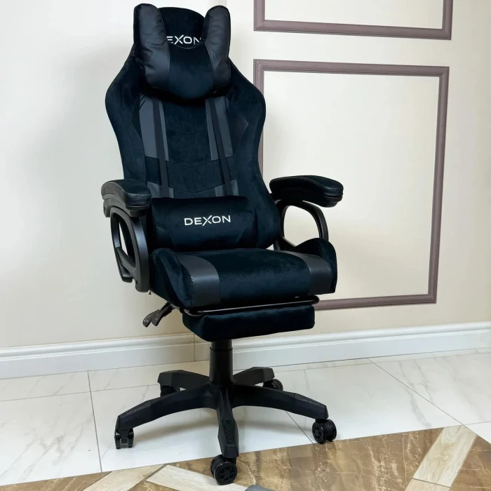 Геймерське ігрове крісло комп'ютерне DEXON VECTOR з підставкою для ніг з екошкіри та велюру спортивне для пк розкладне Чорний