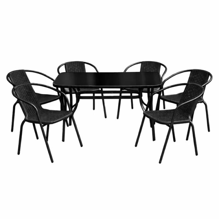 Комплект садових меблів 4Points Rapallo-6 з прямокутним столом 120x70x70см з чорною скляною стільницею, Чорний