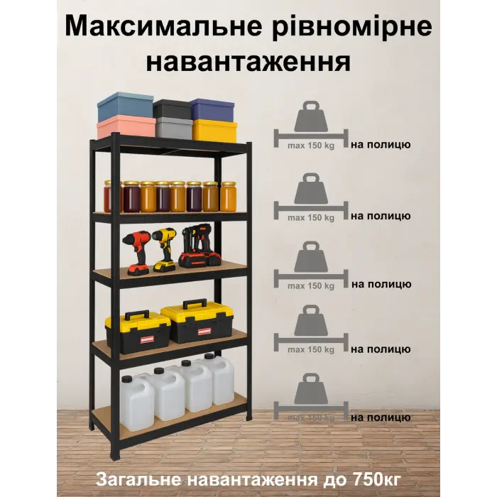 Стеллаж 4Р StrongShelf 150X70X30см черный 5 полок МДФ общая нагрузка до 750 кг для склада кладовой гараж