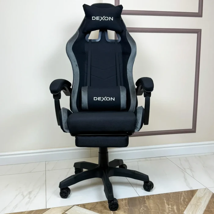 Геймерське ігрове крісло комп'ютерне DEXON ONYX з підставкою для ніг з тканини та велюру спортивне для пк розкладне Dark Grey