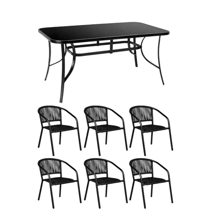 Комплект садовой мебели 4Points Bassano-6 с прямоугольным столом 150х90х70см с черной столешницей, Черный