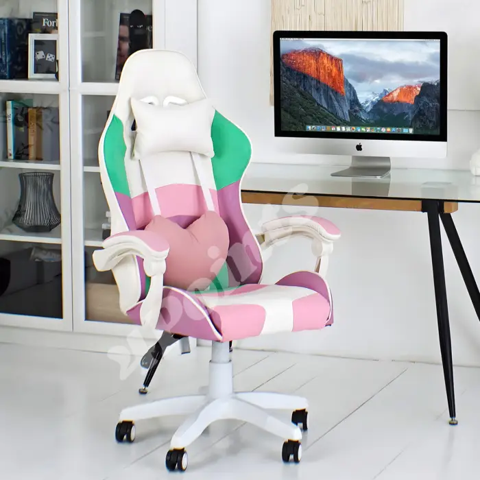 Геймерское игровое компьютерное кресло 4PointsGT для девушек с подушками раскладное розовое белое
