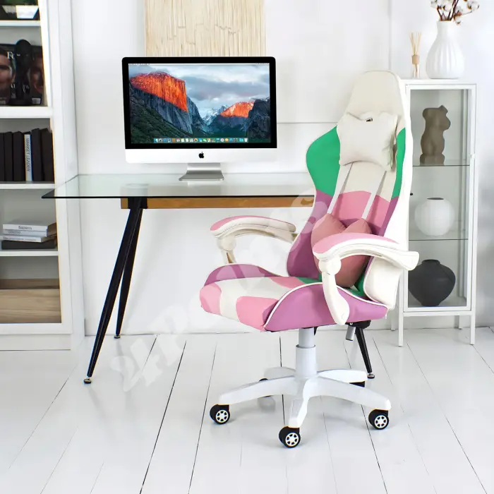 Геймерское игровое компьютерное кресло 4PointsGT для девушек с подушками раскладное розовое белое