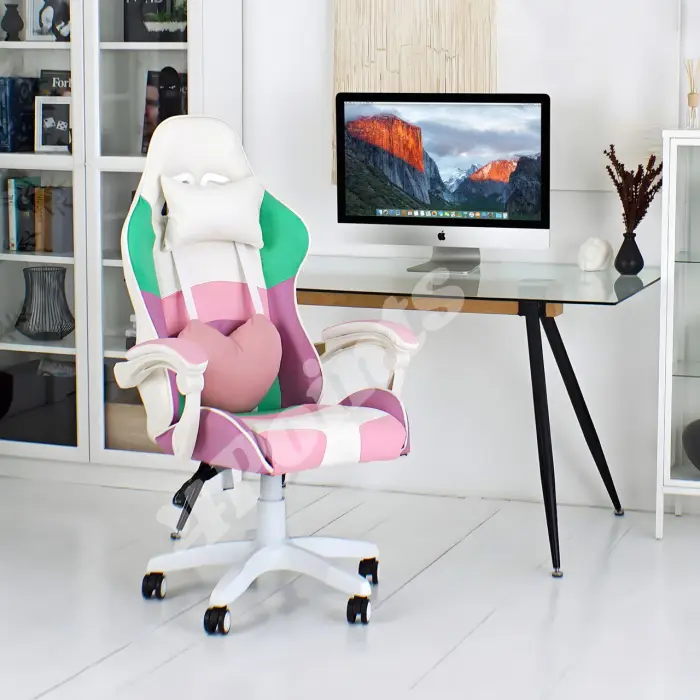 Геймерское игровое компьютерное кресло 4PointsGT для девушек с подушками раскладное розовое белое